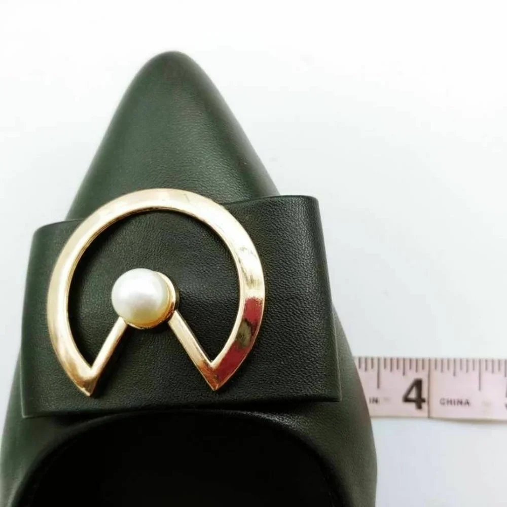 Black Pointed Toe Pumps with Gold Ring & Pearl Accent